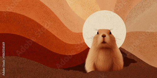 Groundhog emerging from its burrow, symbolizing weather prediction, new beginnings, and spring arrival against textured background copy space banner