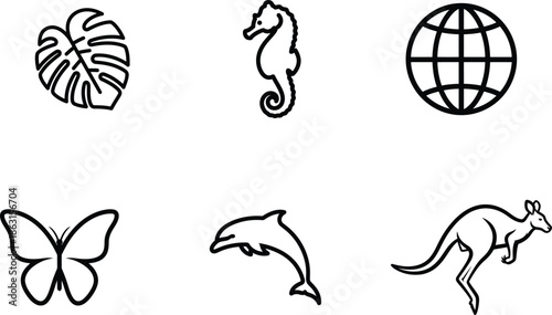 black line drawn animal and plant icons on white background