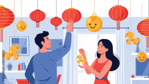 Modern vector illustration of couple decorating apartment with lanterns and horse zodiac ornaments for Chinese New Year 2026, festive home preparation scene