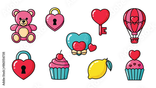 Sweet Valentine Symbols: Delightful illustrations of hearts, a cupcake, bear, key, lock, and a balloon, all in cheerful, vivid hues. Symbol of love, care and celebration.