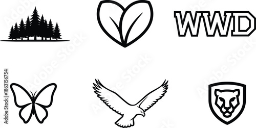 Collection of nature and animal icons including trees butterfly eagle bear