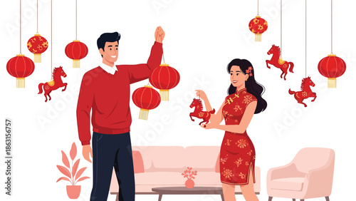 Modern vector illustration of couple decorating apartment with lanterns and horse zodiac ornaments for Chinese New Year 2026, festive home preparation scene