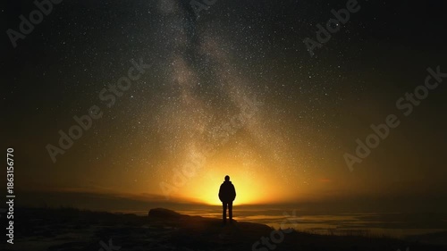 A solitary figure stands on a rocky outcrop, gazing at the breathtaking night sky filled with stars and the glow of the horizon, creating a serene and reflective atmosphere.