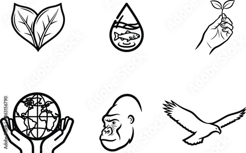 eco friendly icons with leaves globe fish bird and gorilla