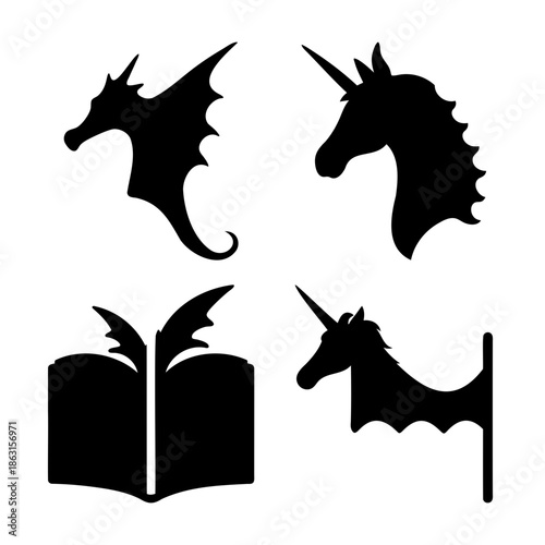 Fantasy creatures and magical book vector silhouette set