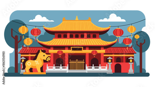 Modern vector illustration of traditional Chinese temple decorated for Year of the Horse 2026 with lanterns and horse zodiac statue, peaceful Lunar New Year celebration scene