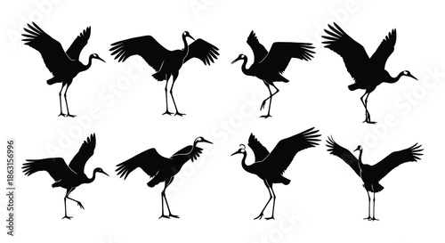 Silhouette collection of cranes in various flight and standing poses