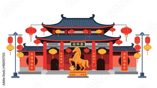 Modern vector illustration of traditional Chinese temple decorated for Year of the Horse 2026 with lanterns and horse zodiac statue, peaceful Lunar New Year celebration scene