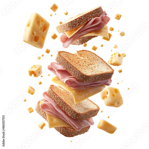 Three ham and cheese sandwiches with scattered cheese cubes and slices in mid-air isolated on a transparent background