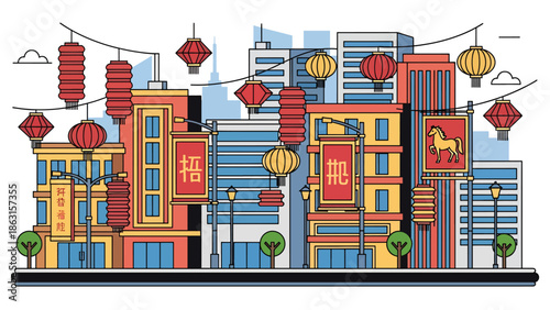 Modern vector illustration of modern city decorated with lanterns and horse zodiac banners for Chinese New Year 2026, festive urban lifestyle celebration scene