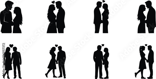 Romantic couple silhouettes displaying various expressions of love and partnership for designs