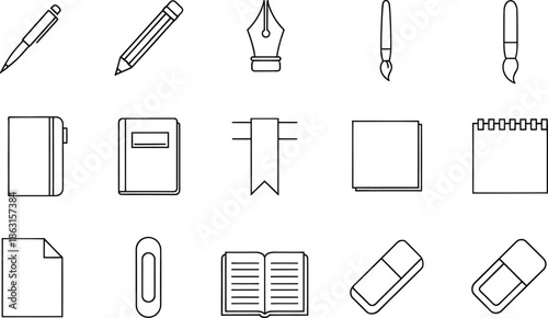 Outline vector icons of various stationery and office supplies for creative and educational projects