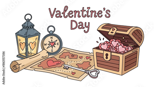 Valentine's Day Treasure Hunt: A vintage treasure map leads to a trove of heart-shaped gems, embodying the essence of romance, with a compass and lantern guiding the way.