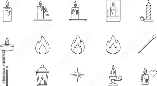 A versatile collection of outline icons depicting various candles, flames, and lighting elements