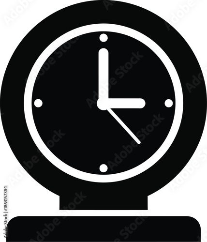 A black and white vector icon of an alarm clock on a stand representing time and scheduling