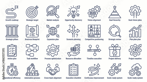 Business Strategy and Management Outline Icons Set. EPS Editable