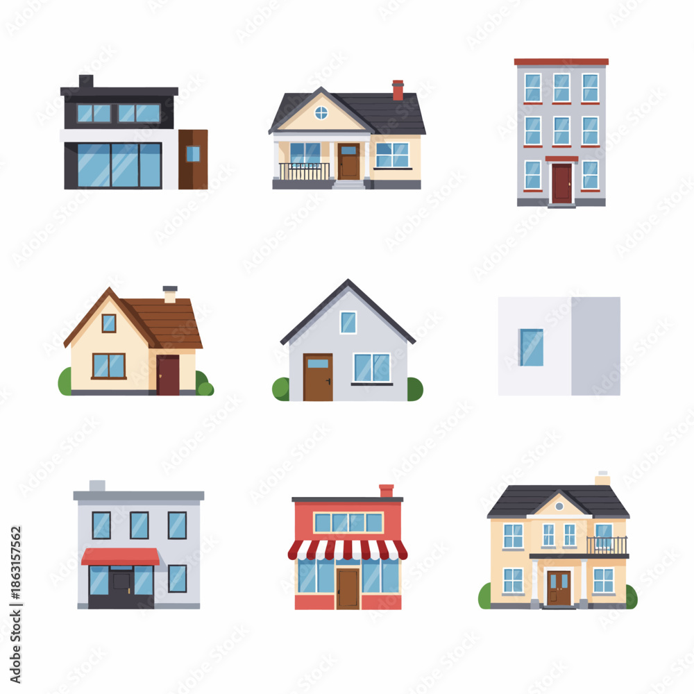 Fototapeta premium Set of Diverse Flat Style Houses and Buildings