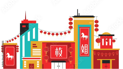 Modern vector illustration of modern city decorated with lanterns and horse zodiac banners for Chinese New Year 2026, festive urban lifestyle celebration scene