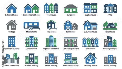 Collection of Diverse Building Icons Representing Various Housing and Architectural Styles. EPS Editable