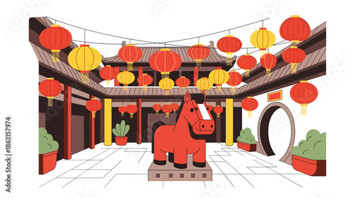 Modern vector illustration of traditional courtyard decorated with lanterns and horse zodiac ornaments for Chinese New Year 2026, welcoming festive home celebration scene
