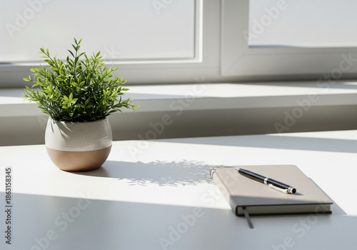 Minimal desk with plant and notebook