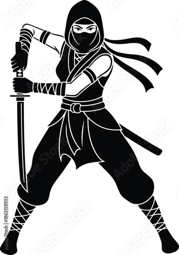 Female ninja warrior silhouette standing with sharp katana sword wearing traditional japanese shinobi assassin mask and armor for martial arts sports logo design.