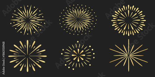 Golden firework displays on a black background various shapes and designs