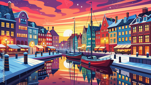 Very beautiful winter sunset view of Nyhavn in Copenhagen, Denmark, with glowing skies, festive decorations, colorful facades, and calm canal waters reflecting seasonal charm.