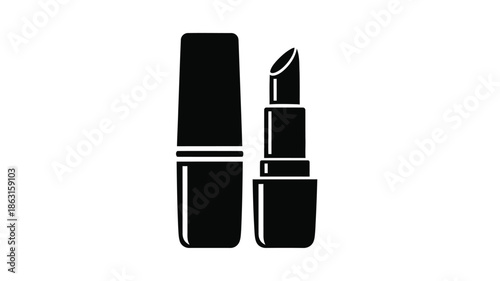 Black cosmetic products including lipstick and tube in a striking silhouette