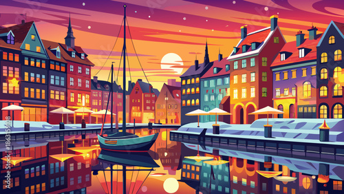 Very beautiful winter sunset view of Nyhavn in Copenhagen, Denmark, with glowing skies, festive decorations, colorful facades, and calm canal waters reflecting seasonal charm.