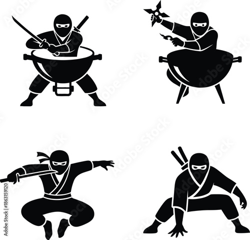 Ninja warrior silhouette set with katana sword and shuriken stars in action poses for martial arts sports logo gaming mascot and creative graphic design elements.