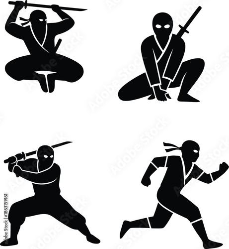 Set of black silhouette icons featuring japanese ninja warriors in various action poses including running jumping and fighting with katana swords for design.