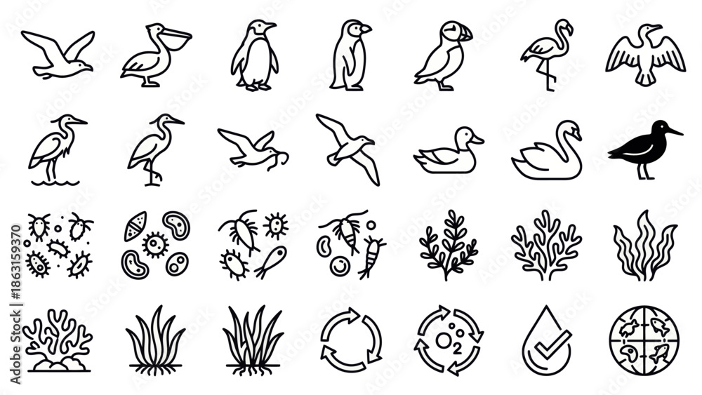 Fototapeta premium Collection of HandDrawn Icons Representing Wildlife and Nature Elements. EPS Editable