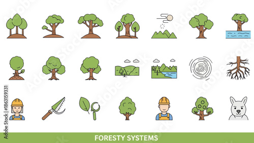 Collection of Forestry Systems Icons and Illustrations. EPS Editable