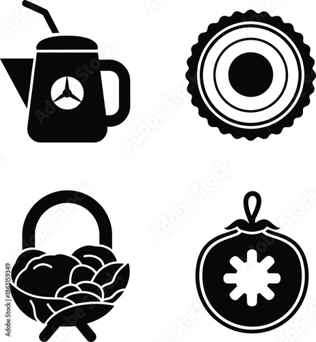 Set of breakfast and kitchen icons featuring a coffee pot teapot plate bowl of food and christmas ornament silhouettes vector illustration.