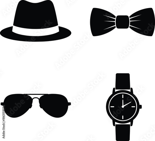 Collection of professional gentleman fashion icons including striped necktie optical glasses formal bow tie and fedora hat black silhouette vector illustration.