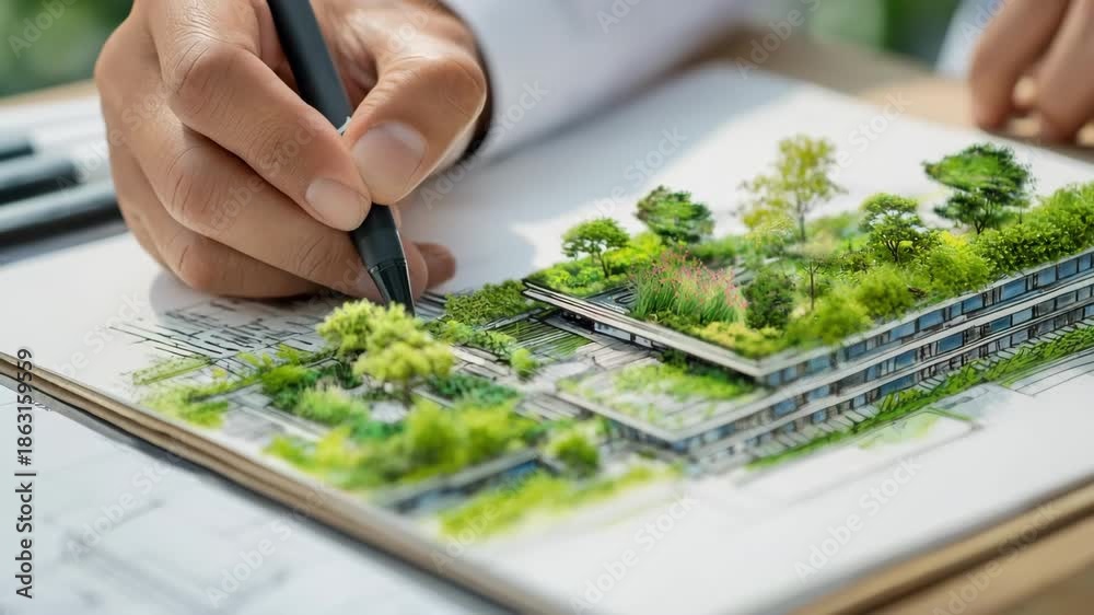 custom made wallpaper toronto digitalMedium shot of an architect sketching sustainable blueprints featuring green roof elements with plants and insulation layers