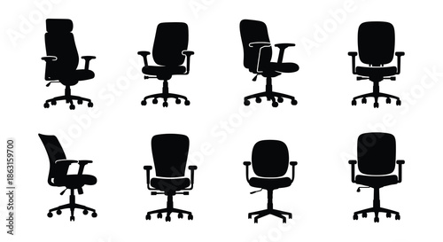 Collection of modern office chairs in various styles and silhouettes