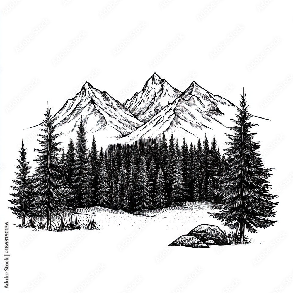 Fototapeta premium Black-and-white illustration of snow-capped mountains with dense pine forest and rocky foreground