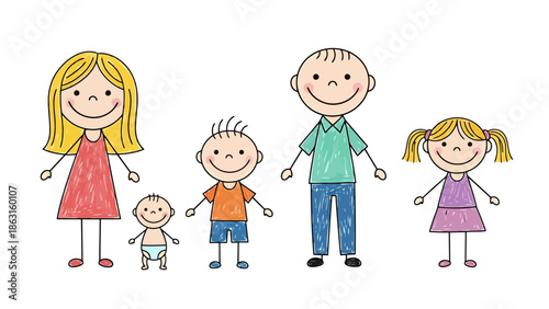 Joyful Line Art Family Portrait with Two Parents and Three Children