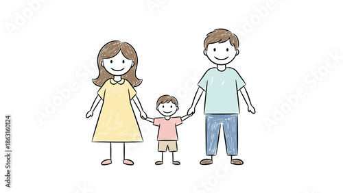Simple Drawing of a Happy Family with One Child Holding Hands