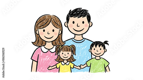 Happy Cartoon Family Portrait of Parents and Two Children Holding Hands