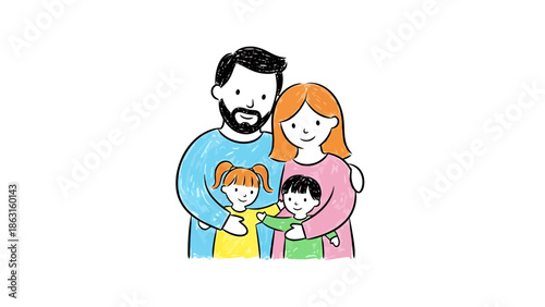 Charming Hand Drawn Family Portrait with Two Children Embracing Parents Simple Sketch Style