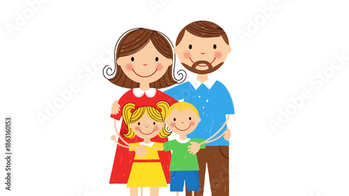Happy Cartoon Family Portrait with Two Children