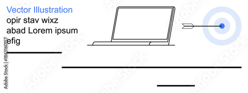 Business success, digital marketing, strategy, technology goals, precision, data analysis. Outline-style laptop with an arrow hitting a target. Business success and digital marketing concept