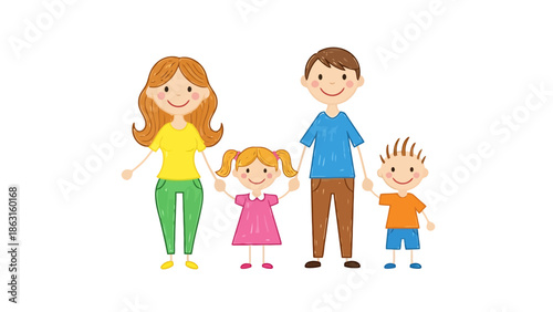 Smiling Cartoon Family of Four Holding Hands Isolated on White Background