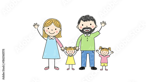 Joyful Family Portrait Parents and Two Daughters Waving Hand Whimsical Drawing Style