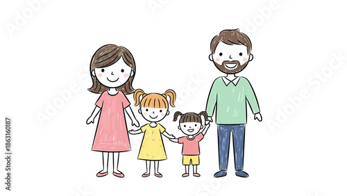 Charming Hand Drawn Family Portrait Parents and Two Daughters Holding Hands