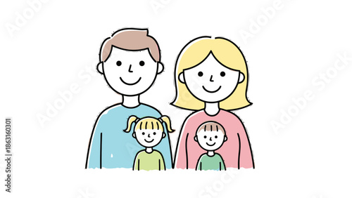 Happy Family Portrait Parents and Two Children Posed Together