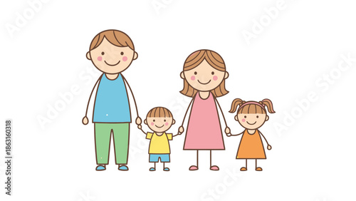 Charming Stick Figure Family Holding Hands on White Background